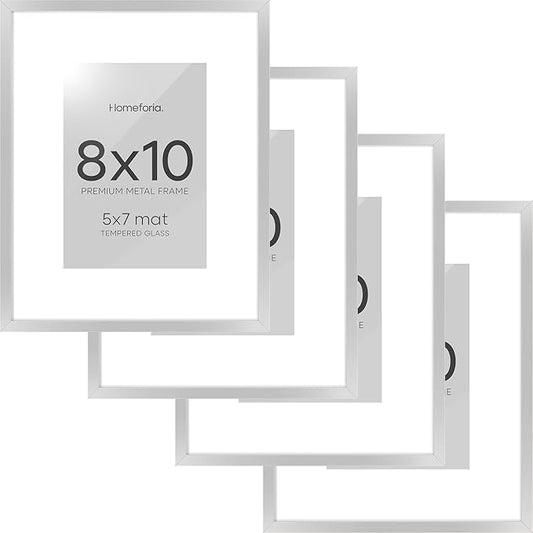 Homeforia Silver Picture Frame 8x10, High End Metal 8 x 10 Photo Frames with Mat 5 by 7 Art, 10x8 Thin Frame Matted to 5x7 inch Print, 10by8 Wall or Tabletop Frames, Tempered Glass, Wall Kit, Set of 4