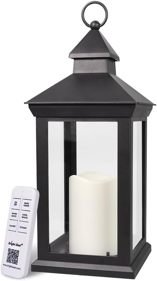 Bright Zeal 14" Decorative Candle Lantern Black Outdoor Lanterns Timer Candles - IP44 Waterproof Vintage Lanterns Battery Powered LED Decorative for Wedding - Warm White Hanging Wall Lanterns Indoor