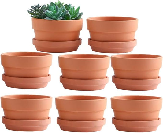 Yishang 4.4 Inch Shallow Terracotta pots with Saucer/Tray,Ceramic Clay Cactus/succlent Container with Drain Hole,Small unglazed Planter for Indoor/Outdoor Plants, Crafts
