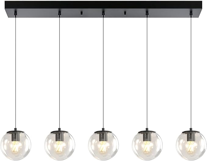 5-Lights Modern Rectangle Chandelier Globe Pendant Light,Black Linear Globe Chandeliers for Dining Room and Kitchen Island