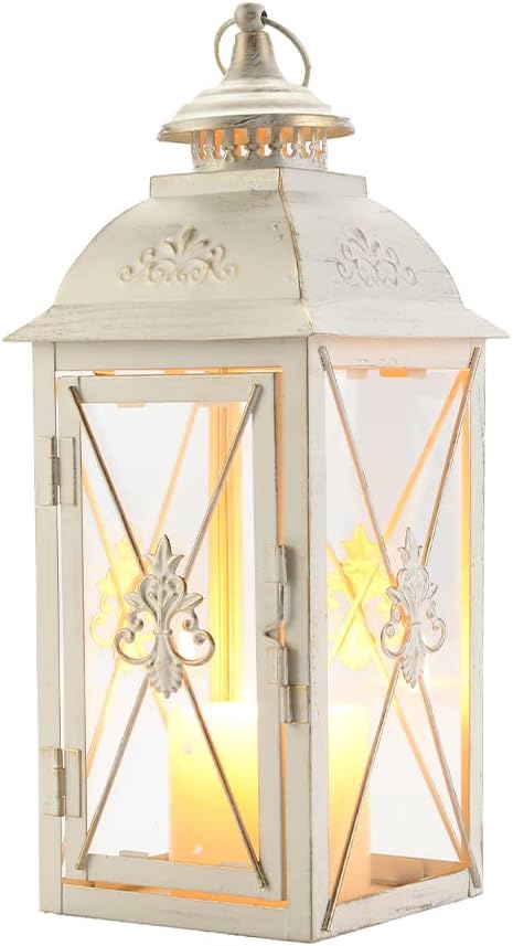 TRIROCKS Elegant Vintage Lantern - Decorative 13.5'' Metal & Glass Candle Holder - Perfect for Indoor & Outdoor Use, Patio, Garden, Parties - Sophisticated White & Gold Brushed Finish