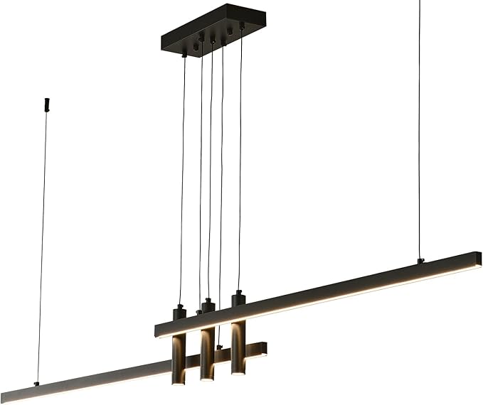 Modern Black Linear Pendant Lights Kitchen Island Lighting Minimalist Led Chandeliers Pool Table Light Dimmable Ceiling Hanging Light Fixture Dining Room with Remote Control (59in)