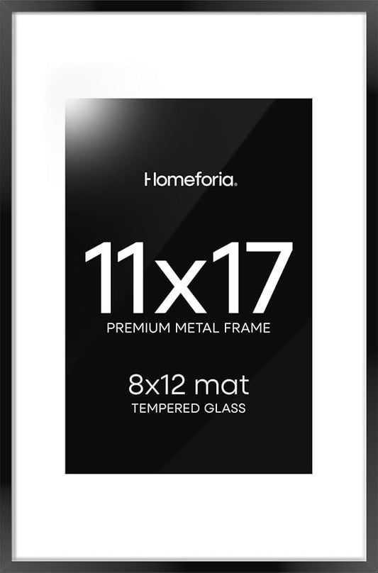 Homeforia 11 x 17 Picture Frame Black, High End Metal 11x17 Poster Frames with Mat 8x12 for Photo, 11 x 17 Black Frame Matted to 8 x 12 inch Print, 17x11 Thin Frame, Tempered Glass, Wall Kit, Set of 1