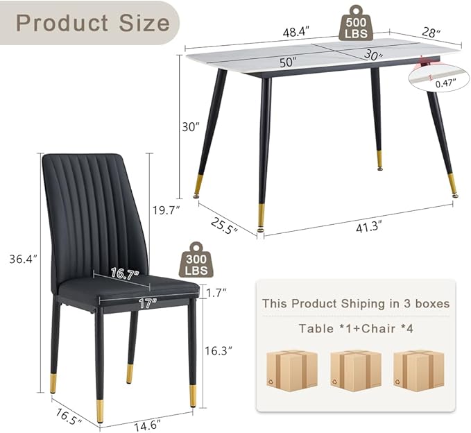 50" White Marble Dining Table Set for 4 - Sintered Stone Tabletop & 4 Upholstered PU Leather Chairs - Modern Dining Room Set for Small Spaces (1 White Table + 4 Black Chairs)