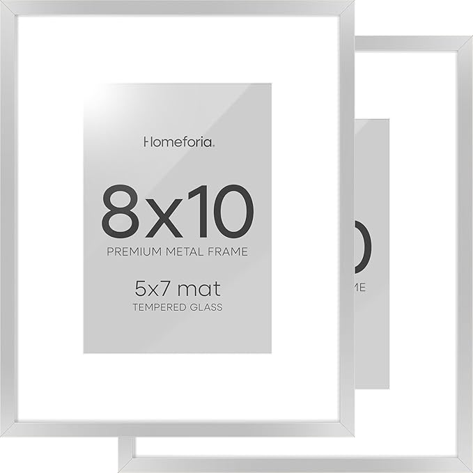 Homeforia Silver Picture Frame 8x10, High End Metal 8 x 10 Photo Frames with Mat 5 by 7 Art, 10x8 Thin Frame Matted to 5x7 inch Print, 10by8 Wall or Tabletop Frames, Tempered Glass, Wall Kit, Set of 2