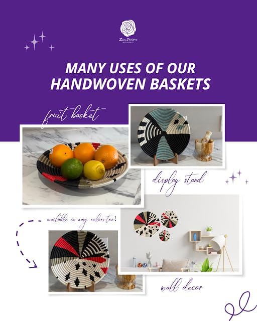 Handwoven African Basket Handmade sisal Fruit Bowl Wall Hanging decorative Baskets for Home Living Room Kitchen Centerpiece Zen Designs Arts and Crafts (Black White, 12in diameter)