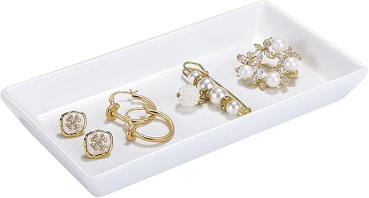 Jewelry Tray, Small Rectangle Ceramic Vanity Tray Jewelry Dish, Trinket Perfume Tray for Cosmetics, Rings, Bathroom Kitchen Soap, White