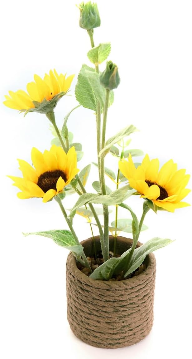AlphaAcc 13.5 inch Faux Yellow Sunflower Fake Plant Realistic Artificial Potted Greenery in a Rope-Striped Cement Planter Perfect for Indoor Table Centerpieces Porch Décor