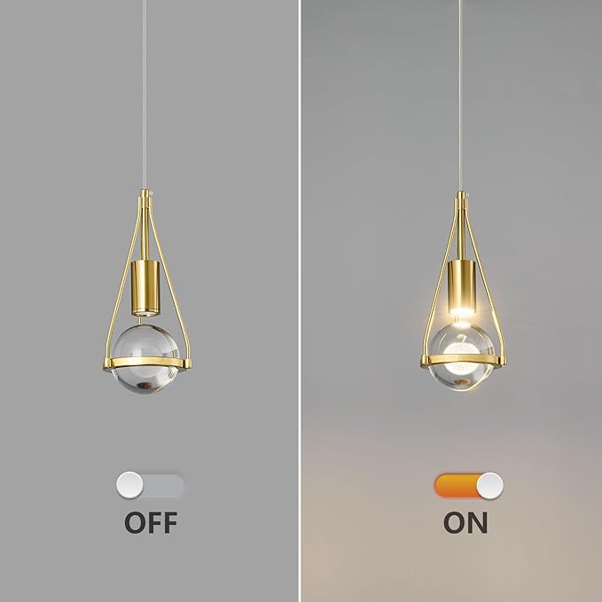 Gold Dandelion Pendant Light in Brushed Brass Finish, 1-Light Mini Globe Modern Crystal Kitchen Island Pendant Lighting Dimmable LED Hanging Ceiling Light Fixture for Bathroom Bedroom