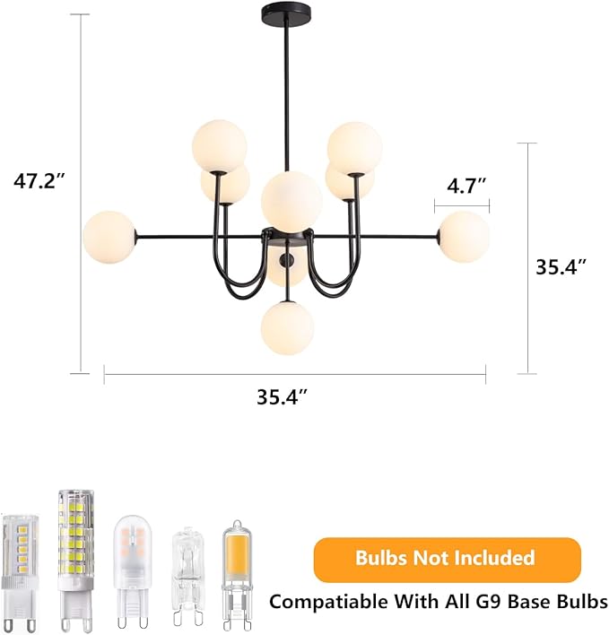 Black Chandeliers 9 Lights Modern Globe Pendant Light Hanging Ceiling Light,Mid Century Bubble Chandelier White Glass Globe Pendant Lighting for Kitchen Island,Dining Room,Bedroom,Living Room.