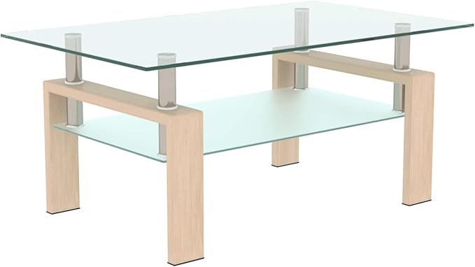 Tempered Glass Coffee Table, Modern 2 Tiers Clear Coffee Table, Size 39.37in x 23.62in