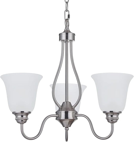 3 Light Chandelier with Brushed Nickel Finish, Classic Style Ceiling Light Fixture with Frosted Glass Shade for Meeting Room Dining Room Living Room Corridor, LED Bulb(not Include)