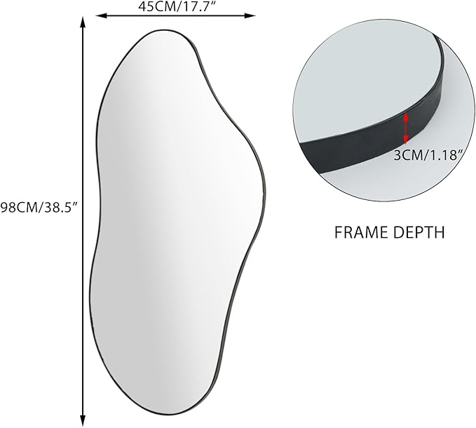 Irregular Wall Mirror, 38.5" x 17.7" Black Bathroom Mirror, Iron Framed Asymmetrical Mirror, Hanging Mirrors for Walls Make up Dressing Mirrors for Bedroom/Hallway/Livingroom Decor