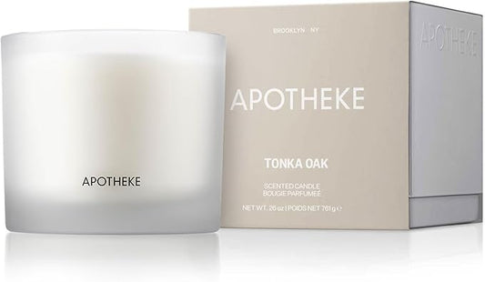 Apotheke 3-Wick Scented Candles for Home, Tonka Oak - 26 oz Soy Wax Jar Candle Gift for Women - Long-Lasting Fragrance with Perfume-Grade Essential Oils - Almond, Cardamom, Tonka Bean & Sandalwood