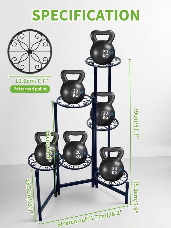 6 Tier Large Plant Stand Indoor with 7.9-Inch Wide Drainage Tray, Tiered Corner Metal Outdoor Flower Display Holder Shelf, Folding Tall Rack for House Patio Porch Balcony Graden - BlackS