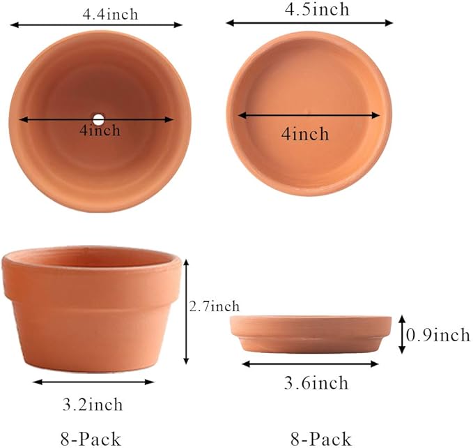 Yishang 4.4 Inch Shallow Terracotta pots with Saucer/Tray,Ceramic Clay Cactus/succlent Container with Drain Hole,Small unglazed Planter for Indoor/Outdoor Plants, Crafts