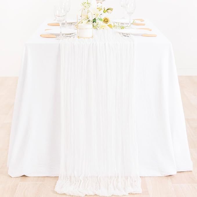 MLMC Ivory White Table Runner Rustic Gauze Cheesecloth Table Runner 10ft Fall Cheese Cloth Centerpiece Decor 35x120 Inches for Dessert Anniversary Wedding Bridal Baby Shower Decor