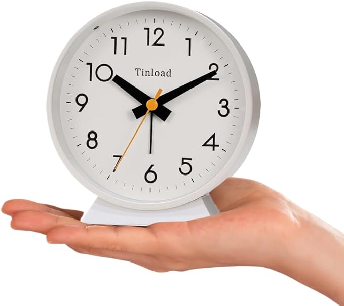 4.5" Battery Operated Antique Retro Analog Alarm Clock, Small Silent Bedside Desk Clock,Lighted on Demand, Battery Operated, Snooze, for Living Room, Bedroom, Bedside, Desk(White)