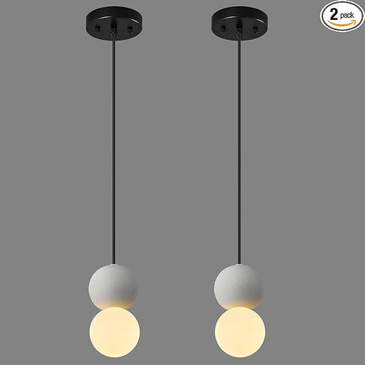Modern 1-Light Concrete Pendant Light Kitchen Islandceiling Light Fixture White Glass Globe Ball Pendant Lighting for Dining Room Coffee Club Resturant Bar Living Room(2-Pack)