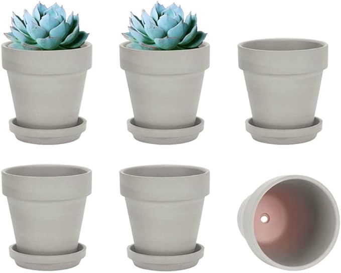 vensovo Grey Terracotta & Clay Pots with Saucer - 6 Pack 5 Inch Terra Cotta Pot Ceramic Pottery Planter Cactus Flowerpots Drainage Hole, Great for Plants, Crafts and Wedding Favor