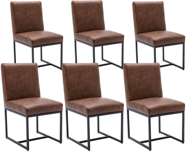 VESCASA Faux Leather Upholstered Dining Chairs with Black Metal Frame, Mid Century Modern Padded Kitchen Chair with Adjustable Foot Pads for Restaurant, Dining Room, Set of 6, Brown