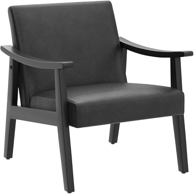 Yaheetech PU Leather Accent Chair, Mid-Century Modern Armchair with Solid Wood Legs, Reading Leisure Chair with High Back for Living Room Bedroom Waiting Room, 2 Pieces, Black