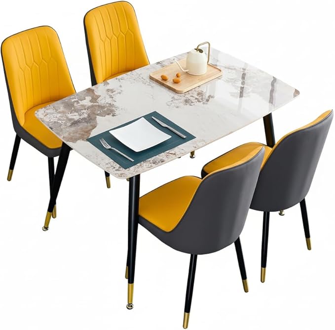 5 Pieces Modern Sintered Stone Dining Table Set 50" Rectangular Faux Marble Kitchen Table with 4 PU Leather Chair Dinner Set(1Faux Marble Table+4Orange and Gray Chairs)