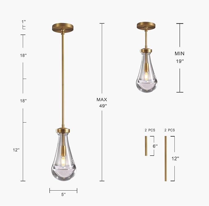 Modern Raindrop Pendant Lights, Pendant Lights for Kitchen Island, Brass Rod Dining Room Light Fixture， Clear Solid Raindrop Chandelier, Chandelier for Living Room Hallway, Including Bulb