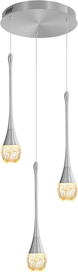 Pendant Lights Kitchen Island 3-Lights Silver Crystal Chandelier for Dining Room Hallway Stairwell,LED Dimmable 2700K-6000K