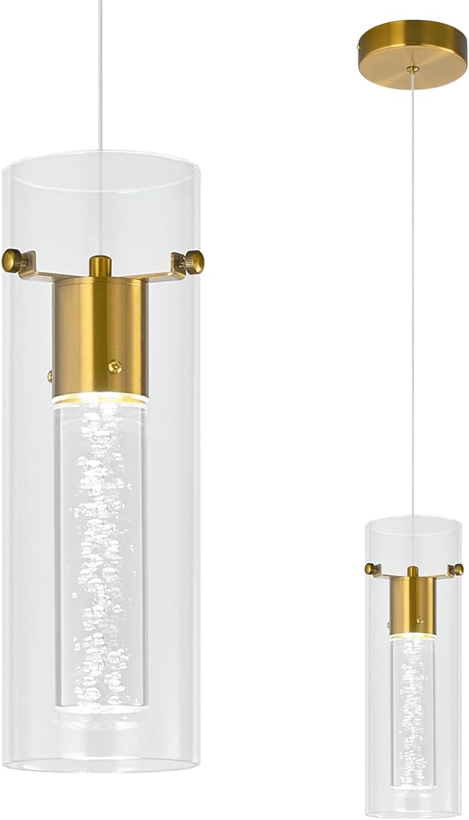 Pendant Ceiling Light Fixture for Kitchen Island, Gold Pendant Light Integrated LED Hanging Light with Crystal Bubble Glass Pendant Light Modern Pendant Lights Kitchen Island (1-Pack)