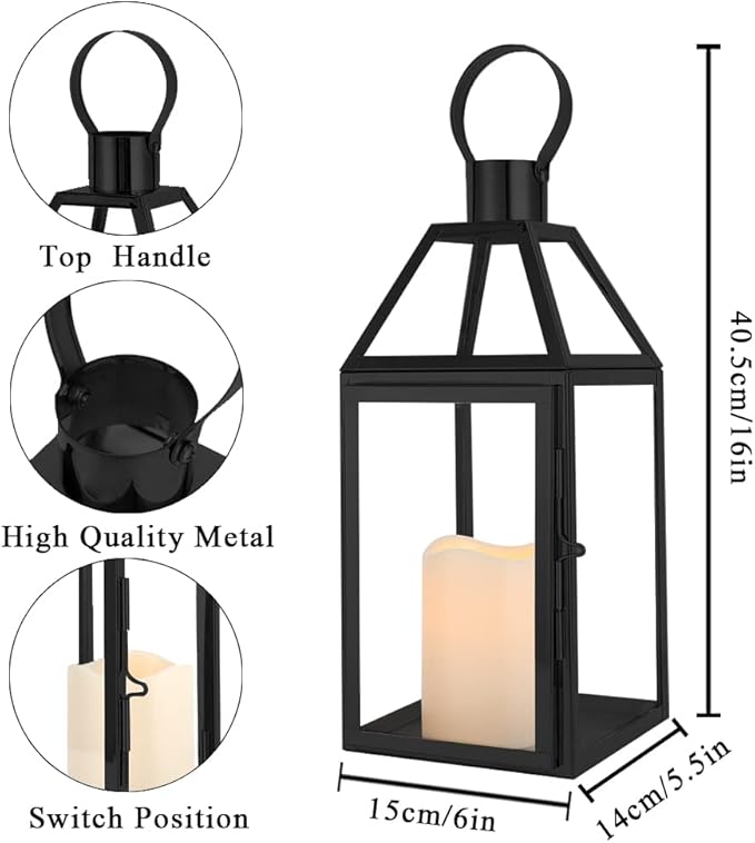 JHY DESIGN Black Decorative Lanterns 16“H Decorative Candle Lantern with Tempered Glass for Indoor Outdoor Events Parities and Weddings