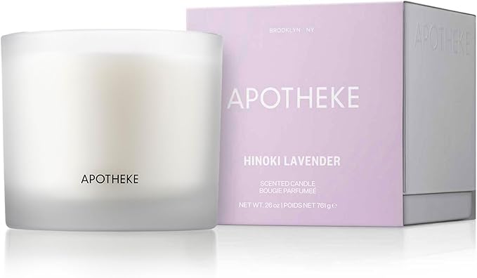 Apotheke 3-Wick Scented Candles for Home, Hinoki Lavender - 26 oz Soy Wax Jar Candle Gift for Women - Long-Lasting Fragrance with Perfume-Grade Essential Oils - Lavender, Lotus Flower, Hinoki Cypress