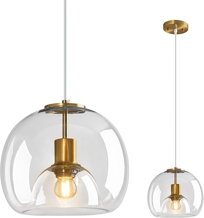 Clear Glass Pendant Lights Kitchen Island Gold Hanging Light Fixture Glass Globe Pendant Light Modern Pendant Lighting for Kitchen Island Bedroom Dining Room (9.84", 1 Pack)