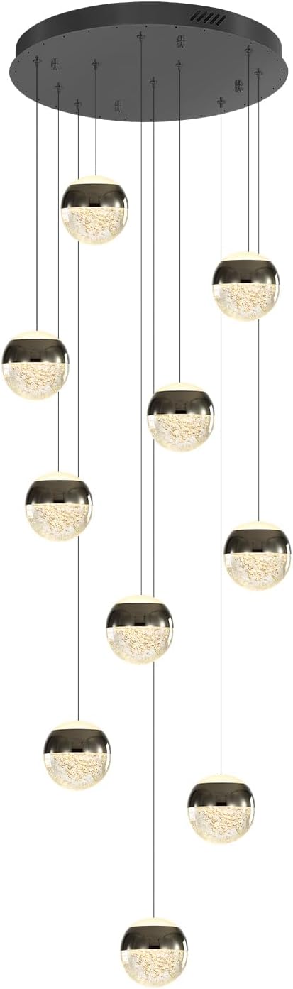 Staircase Chandelier Crystal Globe Pendant Light Black Large Chandeliers for High Ceiling,10-Lights Hanging Flush Mount Lighting Fixtures for Foyer,Entryway,Living Room