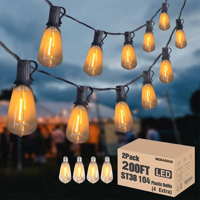 200FT Outdoor Edison String Lights for Outside LED Waterproof 2200K Patio Lights with 104 ST38 Shatterproof Plastic Bulbs Soft Warm Bistro Lights Outdoor Connectable for Gazebo Pergola 2Pack x 100FT