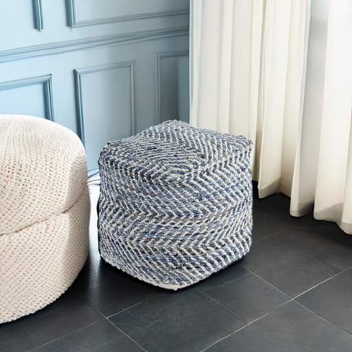 Signature Design by Ashley Chevron Handmade Woven Pouf 18 x 18, Blue and White