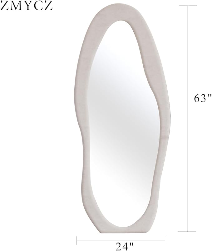 Wavy Floor Mirror, Irregular Full Length Mirror, 63"x24" Full Length Standing Mirror, Flannel Frame Mirrors Floor Length, Hanging or Leaning Wall Mounted Mirrors for Bedroom, No Stand (White)