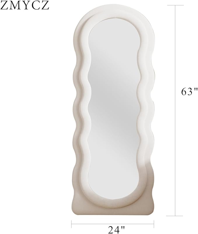 Full Length Mirror, 63"x24" Wavy Floor Mirror, Arched Standing Mirrors Full Length, Cloud Shaped Flannel Wall Mirror, Dressing Body Mirrors Hanging or Leaning Against Wall for Bedroom (White)