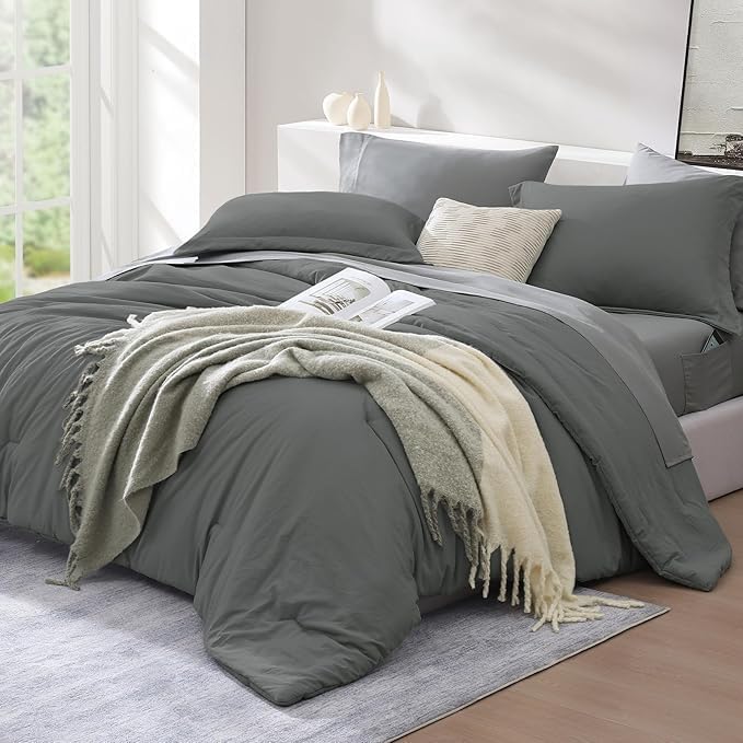 WRENSONGE Twin Comforter Set- 5 Pieces Grey Bed in a Bag, All Season Twin XL Bedding Sets with 1 Fitted Sheet, 1 Flat Sheet, 1 Pillow Sham and 1 Pillowcase