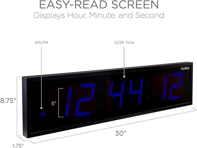 Ivation Oversized Large Digital Wall Clock - Big LED Digital Clock w/Large Display, Shelf or Wall Mount (30 Inch - Blue) 6 Brightness Levels | Time Memory | Remote, Mounting Holes & Hardware