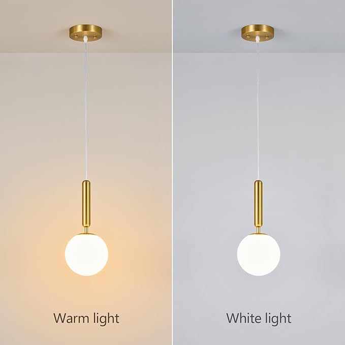 Modern Hanging Light Fixture Pendant Lighting for Kitchen Island Mid Century Gold Pendant Lights with Globe Milky White Glass Pendant Light for Bedroom Bathroom Entryway (1 Pack)