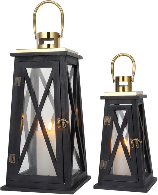 TRIROCKS Set of 2 Farmhouse Wooden Lantern 12''&18'' Metal Decorative Candle Holders with Tempered Glass Rustic Outdoor Lantern for Home Christmas Patio Wedding Parties Indoor Outdoor(Black Trapezoid)