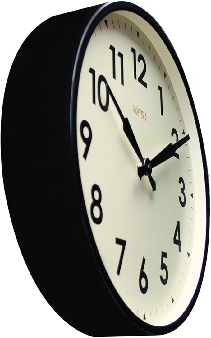Cloudnola Station Metal Wall Clock, Black and White, 18 inch Diameter, Silent Non Ticking, Battery Operated Quartz Movement