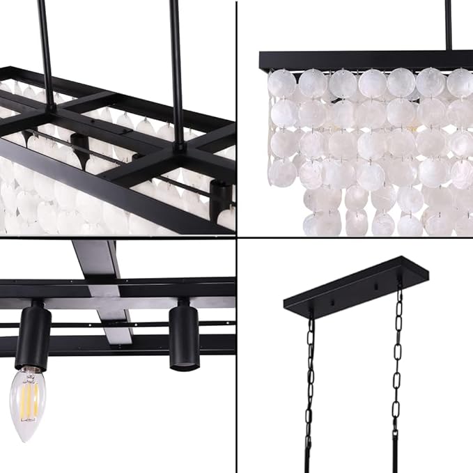 TOCHIC Rectangular Capiz Shell Chandelier, Coastal Beach Lighting 6 Lights, Modern Black Chandelier Shell Pendant Light for Kitchen Island, Dining Rooms, 2 Tier, 39.3" L