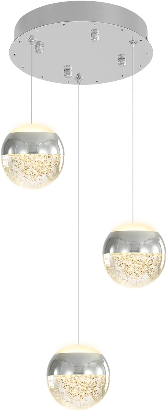 Modern Crystal Pendant Lighting Silver Globe Pendant Light Fixture, Mid Century Chandelier 3-Light Hanging Fixture for Kitchen Island,Globe Chandeliers for Dinning Room Bedroom