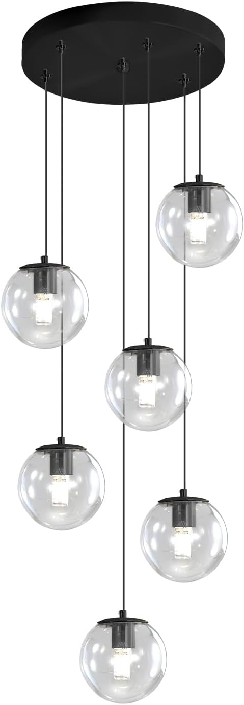 H 87in Modern Glass Globe Chandelier 6-Lights Glass Pendant Light for Staircase Black Globe Chandelier Clear Glass Hanging Lighting for Living Room Bedroom Entryway
