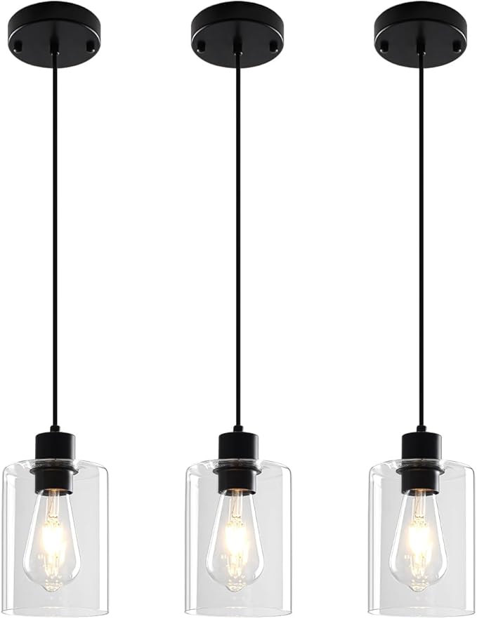 3 Pack Pendant Lights Kitchen Island, Black Kitchen Pendant Lighting Over Island, Hanging Light Fixtures Modern Glass Pendant Lights for Hallway Entryway Bedroom Dining Room