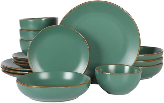 Gibson Home Hazeltine 16 Piece Plates and Bowls Dishes Stoneware Ceramic Dinnerware Set - Green
