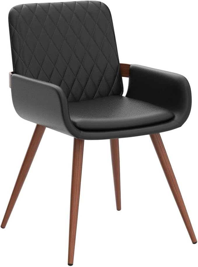 LUNLING Mid Century Modern Faux Leather Dining Chairs Set of 2, Black, Upholstered Seat, Metal Legs, Adjustable Foot for Kitchen Dining Room Desk Chairs