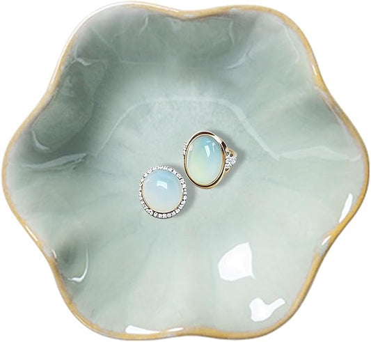 Ceramic Trinket Dish, Ring Tray, Decorative Jewelry Dish, Decoration Plate for Earrings, Rings, Jewelry Dish Holder, Key Bowl, Trinket Tray, Earring Holder for Women (Lotus leaf green)
